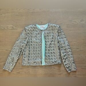 Adrianna Papell silver turquoise beaded sequins formal cropped jacket medium VTG